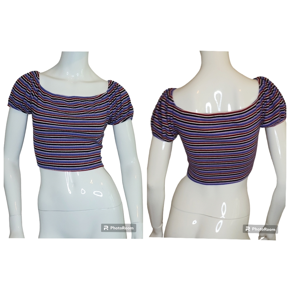 Wild Fable Puff Sleeve Stripped Ribbed 70s Fitted Crop Top